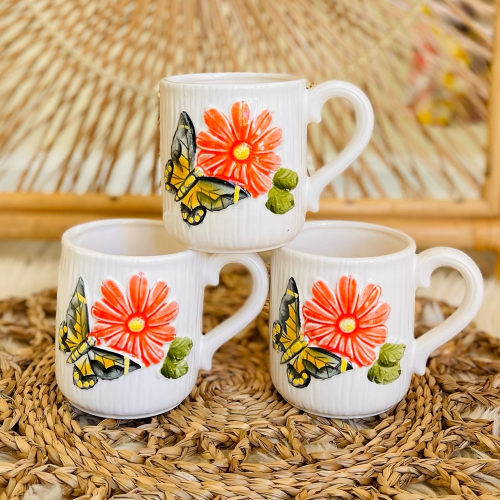 Set of 3 Vintage Retro Ceramic Butterfly and Flower Mugs 70s Hippie MCM